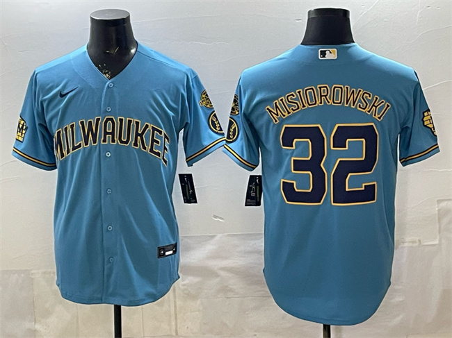 Men's Milwaukee Brewers #32 Jacob Misiorowski Blue With Home & Bob Uecker Patch Stitched Baseball Jersey