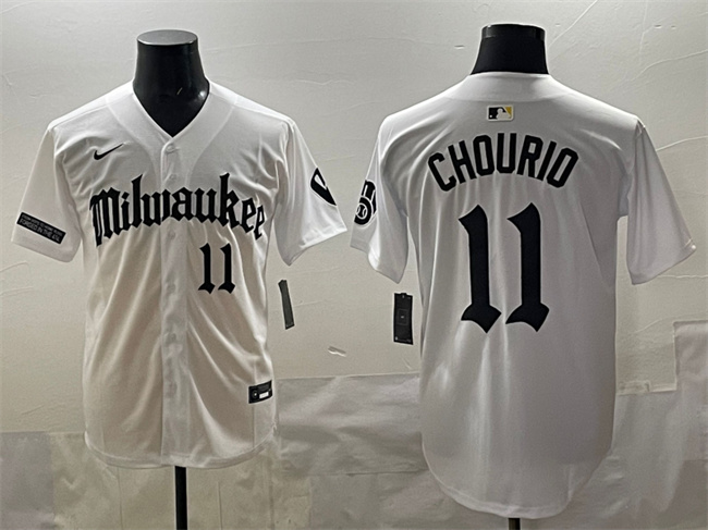 Men's Milwaukee Brewers #11 Jackson Chourio White 'Gothic 414 Shadows Edition' Vapor Premier Limited Stitched Jersey