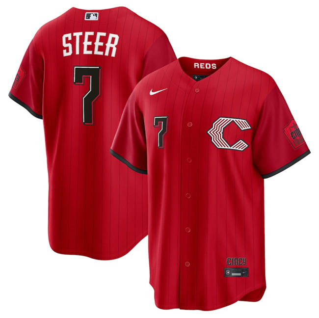 Men's Cincinnati Reds #7 Spencer Steer Red 2026 City Connect Stadium Stitched Baseball Jersey