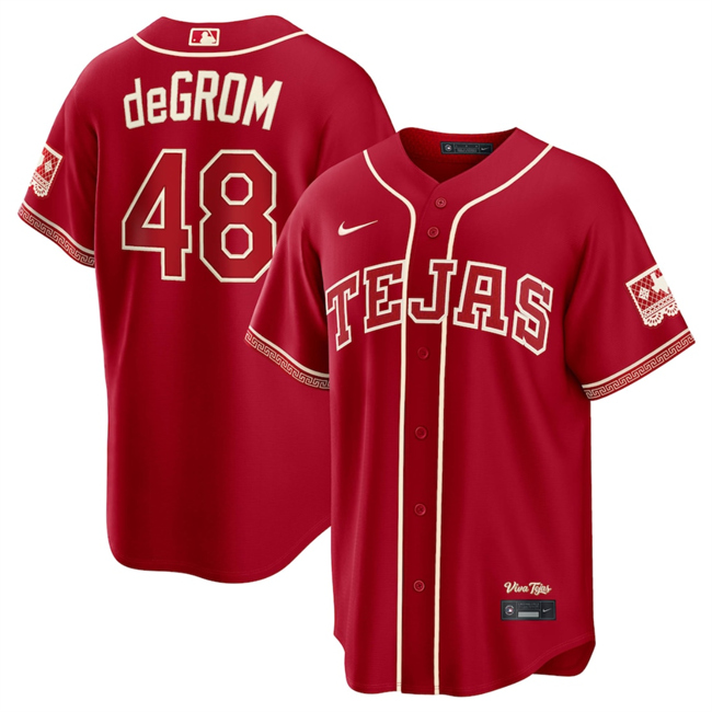 Men's Texas Rangers #48 Jacob DeGrom Red 2026 City Connect Stadium Stitched Baseball Jersey