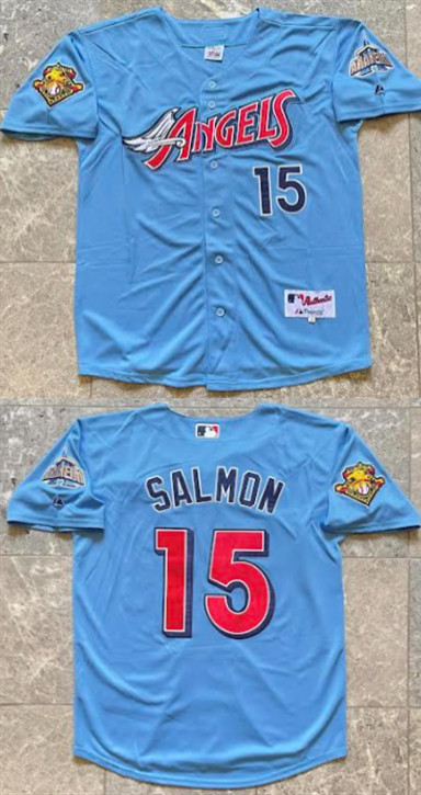 Men's Los Angeles Angels #15 Tim Salmon Blue With 2001 American League Baseball Seasons 100th Anniversary Patch Stitched Baseball Jersey