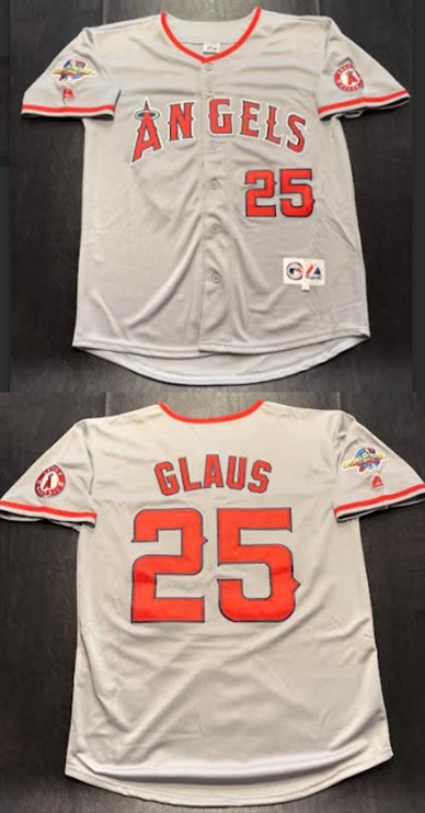 Men's Los Angeles Angels #25 Troy Glaus Grey With 2002 World Series Patch Stitched Baseball Jersey
