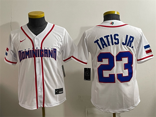 Youth Dominican Republic Baseball #23 Fernando Tatis Jr. White 2026 World Baseball Classic Home Stadium Stitched Baseball Jersey