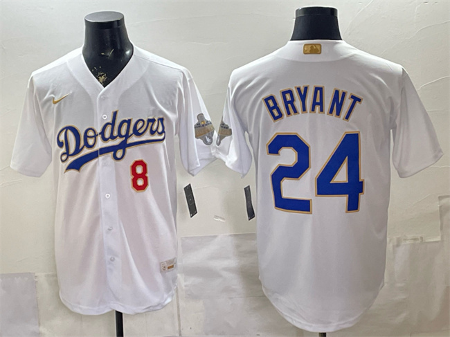 Men's Los Angeles Dodgers Front #8 Back #24 Kobe Bryant White 2026 Gold Collection Stadium Stitched Baseball    Jersey