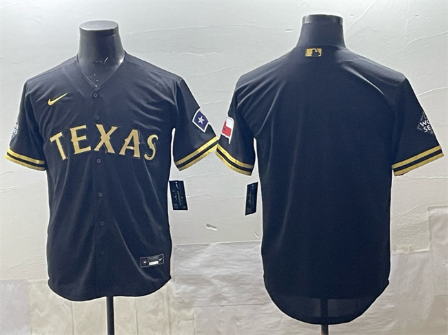 Men's Texas Rangers Blank Black Gold Cool Base Stitched Baseball Jersey