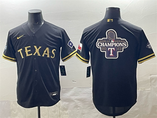 Men's Texas Rangers Team Big Logo Black Gold Cool Base Stitched Baseball   Jersey