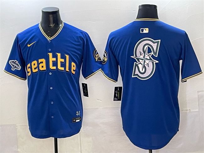 Men's Seattle Mariners Team Big Logo Royal With 2025 AL West Division Champions Patch City Connect Limited Stitched Baseball  Jersey
