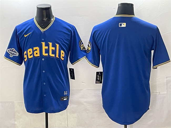 Men's Seattle Mariners Blank Royal With 2025 AL West Division Champions Patch City Connect Limited Stitched Baseball Jersey