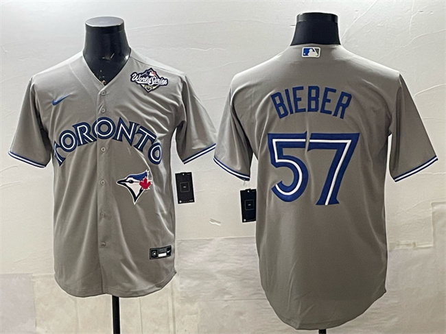 Men's Toronto Blue Jays #57 Shane Bieber Grey 2025 World Series Cool Base Stitched Baseball Jersey