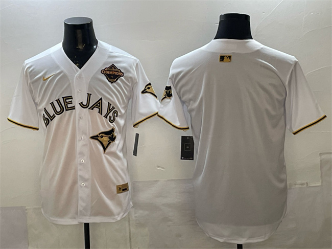 Men's Toronto Blue Jays Blank White Gold 2025 American League Champions Limited Stitched Baseball Jersey