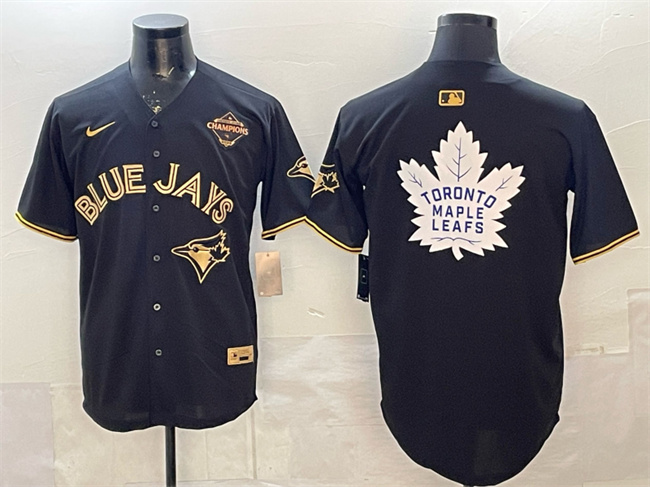 Men's Toronto Blue Jays & Leafs Black Gold 2025 American League Champions With White Leafs Logo Limited Stitched Baseball   Jersey