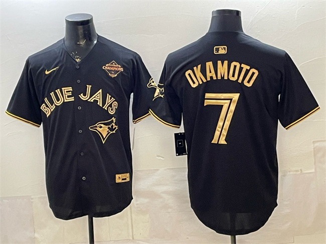 Men's Toronto Blue Jays #7 Kazuma Okamoto Black Gold 2025 American League Champions Limited Stitched Baseball Jersey