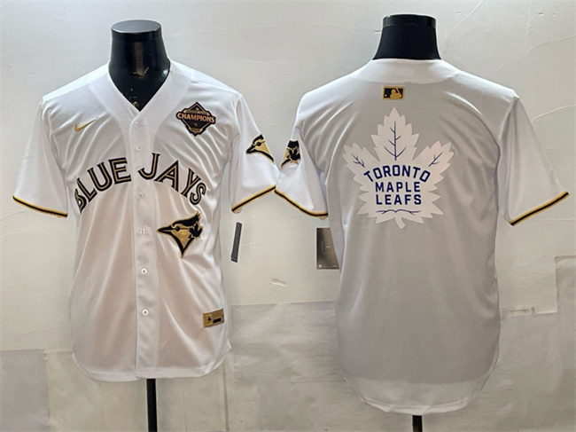 Men's Toronto Blue Jays & Leafs Black Gold 2025 American League Champions With White Leafs Logo Limited Stitched Baseball Jersey