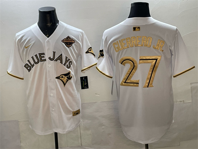 Men's Toronto Blue Jays #27 Vladimir Guerrero Jr. White Gold 2025 American League Champions Limited Stitched Baseball Jersey