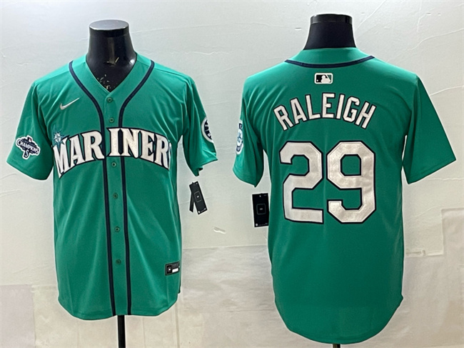 Men's Seattle Mariners #29 Cal Raleigh Aqua With 2025 AL West Division Champions Patch Limited Stitched Jersey