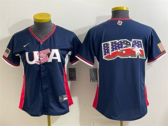 Women's USA Baseball Navy 2026 World Baseball Classic Big Logo Stadium Stitched Baseball Jersey( Run Small)