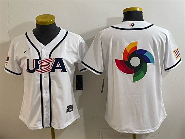Women's USA Baseball White 2026 World Baseball Classic Big Logo Home Stadium Stitched Baseball Jersey(Run   Small)