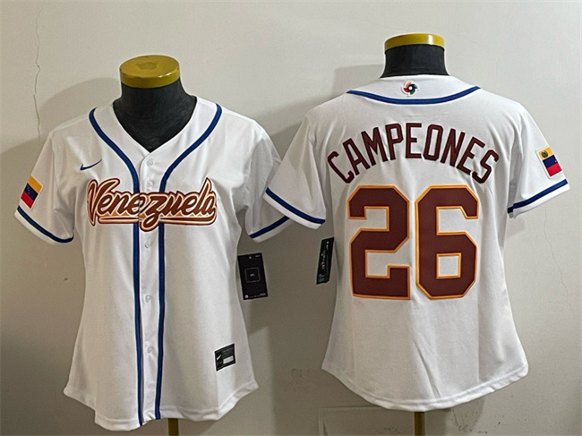 Women's Venezuela Baseball #26 Campeones White 2026 World Baseball Classic Home Stadium Stitched Baseball Jersey(Run Small)