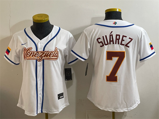 Women's Venezuela Baseball #7 Eugenio Suárez White 2026 World Baseball Classic Home Stadium Stitched Baseball Jersey(Run Small)