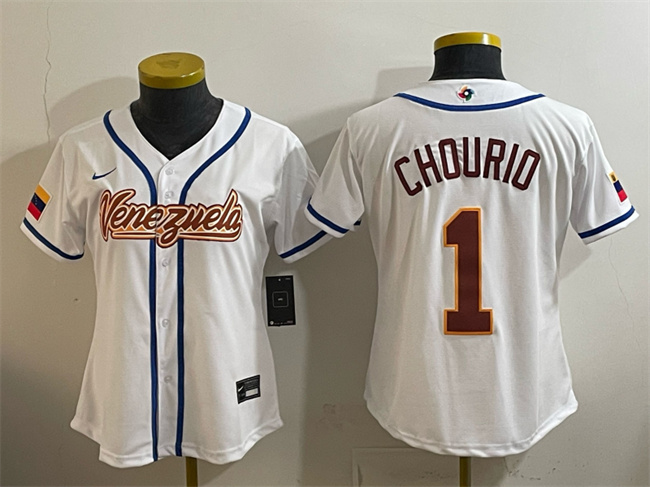 Women's Venezuela Baseball #1 Jackson Chourio White 2026 World Baseball Classic Home Stadium Stitched Baseball Jersey(Run Small)