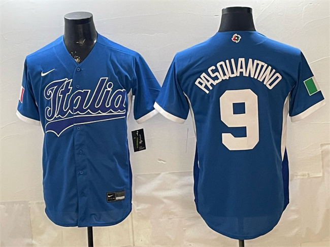 Men's Italy Baseball #9 Vinnie Pasquantino Blue 2026 World Baseball Classic Home Stadium Stitched Jersey