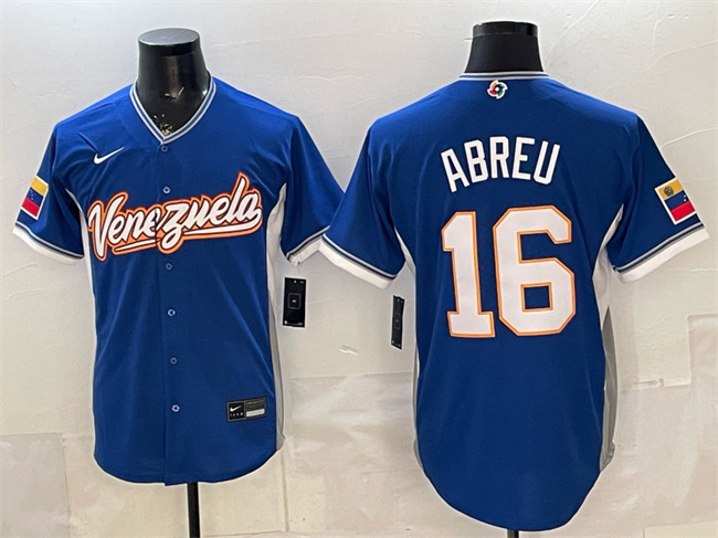 Men's Venezuela Baseball #16 Wilyer Abreu Royal 2026 World Baseball Classic Road Stadium Stitched Jersey