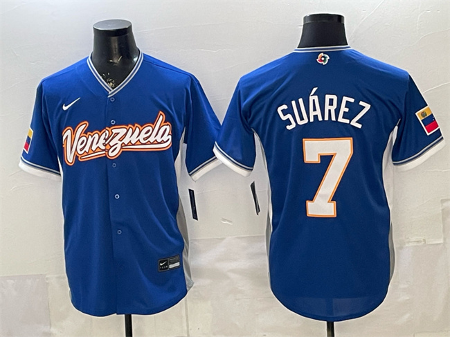 Men's Venezuela Baseball #7 Eugenio Suárez Royal 2026 World Baseball Classic Road Stadium Stitched Jersey