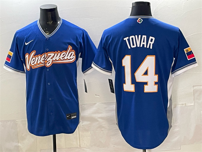 Men's Venezuela Baseball #14 Ezequiel Tovar Royal 2026 World Baseball Classic Road Stadium Stitched Jersey