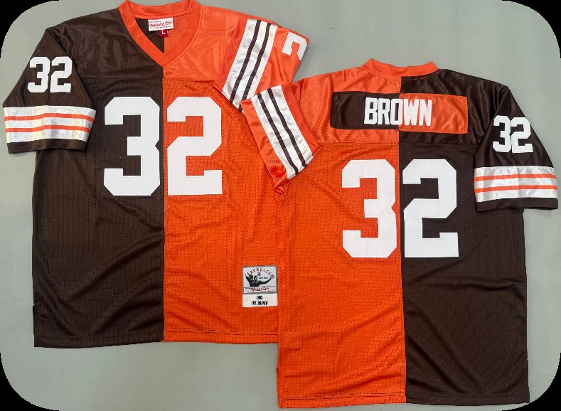 Men's Cleveland Browns #32 Jim Brown 1963 Brown Orange Split Two Tone Throwback Jersey