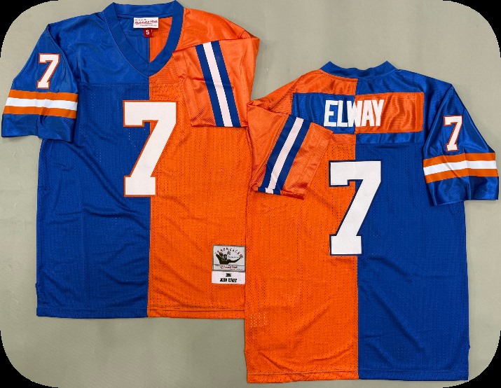 Men's Denver Broncos #7 John Elway 1990 Royal Orange Split Two Tone Throwback Jersey