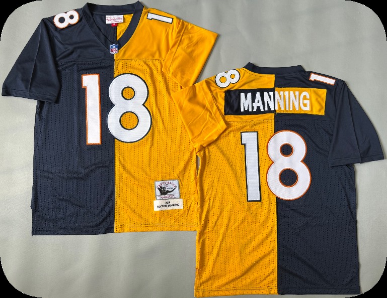 Men's Denver Broncos #18 Peyton Manning 2015 Black Orange Split Two Tone Throwback Jersey