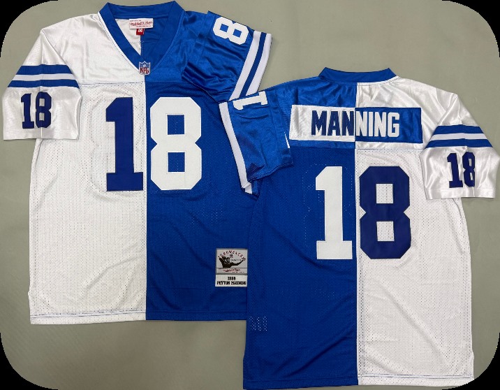 Men's Indianapolis Colts #18 Peyton Manning White Royal Split Two Tone Throwback Jersey