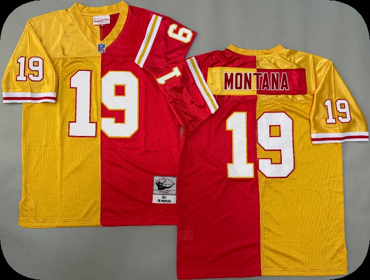 Men's Kansas City Chiefs #19 Joe Montana 1994 Gold Red Split Two Tone Throwback Jersey