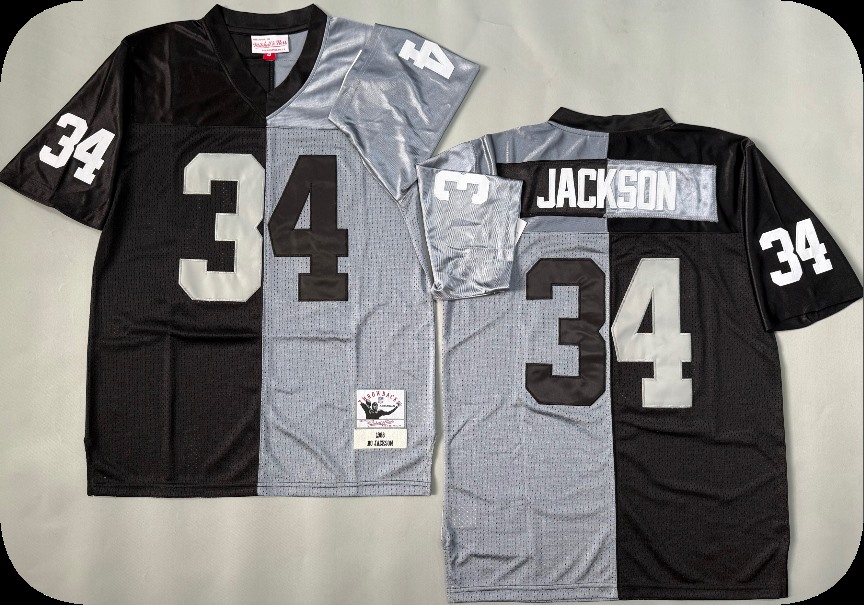 Men's Las Vegas Raiders  #34 Bo Jackson Mitchell & Ness BlackSilver  Split Legacy Replica Jersey