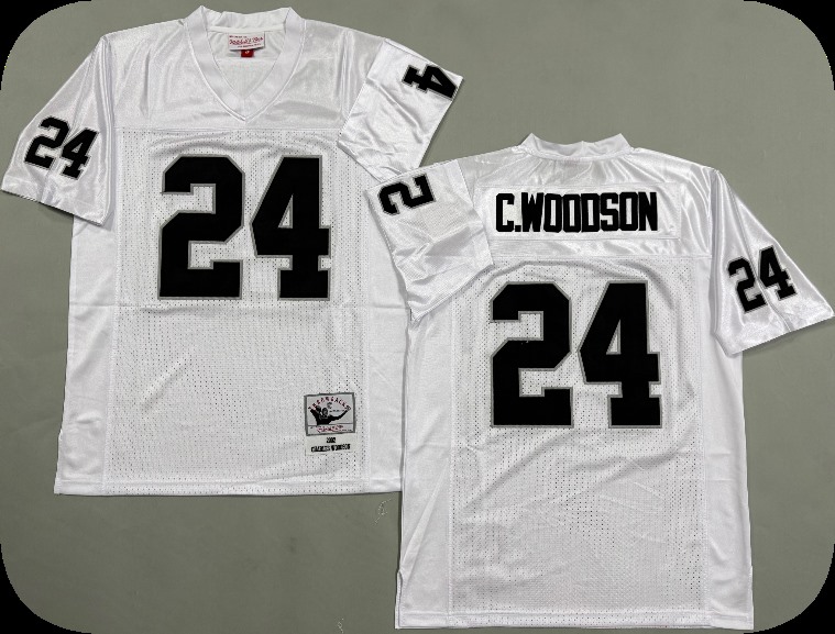 Men's Las Vegas Raiders #24 Charles Woodson 1998 White Mitchell&Ness Throwback Jersey