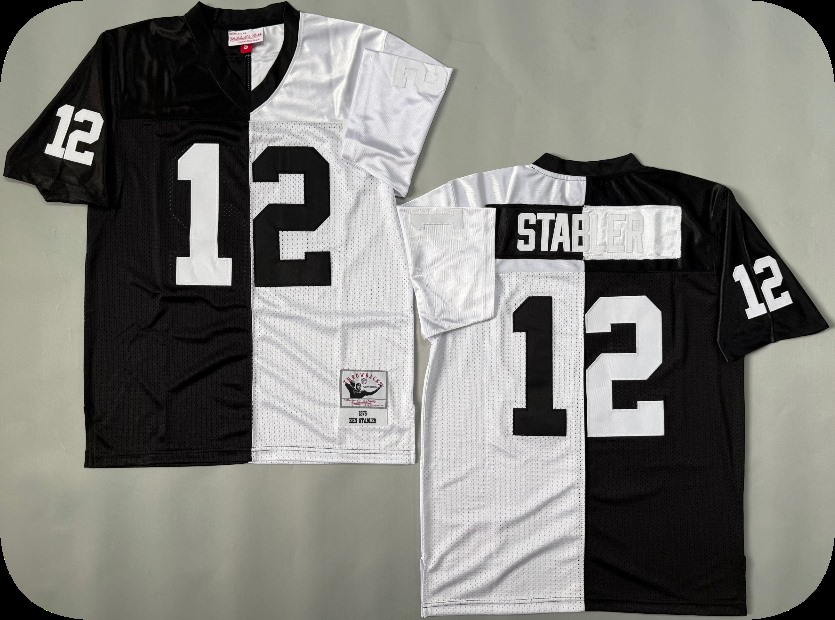 Men's Las Vegas Raiders #12 Ken Stabler Mitchell & Ness Black White  Split Legacy Replica Jersey