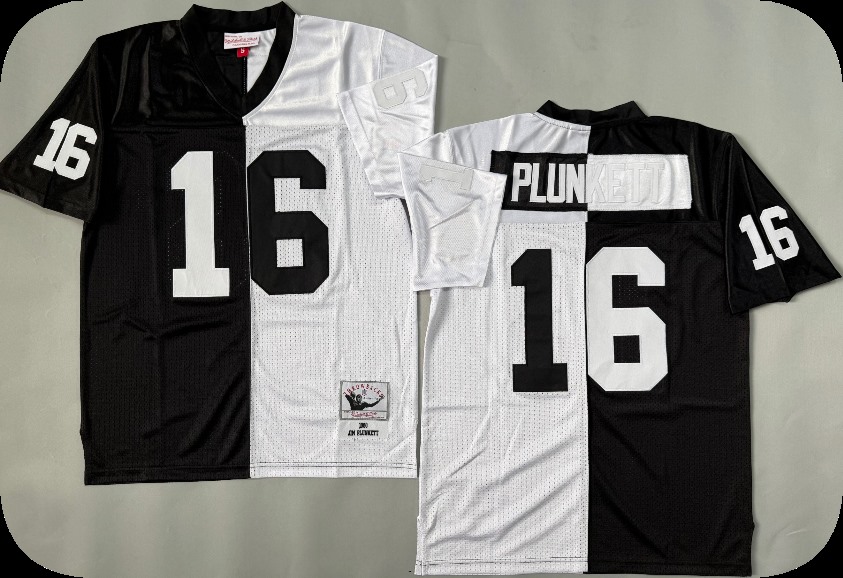 Men's Las Vegas Raiders #16 Jim Plunkett  Mitchell & Ness Black White Split Legacy Replica Jersey