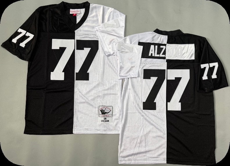 Men's Las Vegas Raiders #77 Lyle Alzado  Mitchell & Ness Black White Split Legacy Replica Jersey