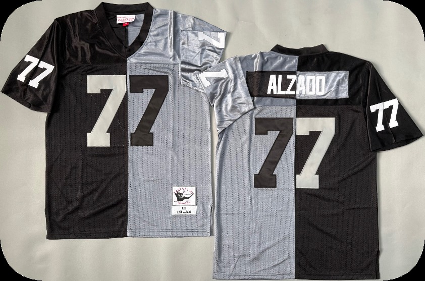 Men's Las Vegas Raiders #77 Lyle Alzado  Mitchell & Ness BlackSilver Split Legacy Replica Jersey