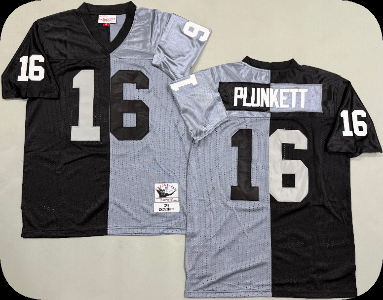 Men's Las Vegas Raiders #16 Jim Plunkett  Mitchell & Ness BlackSilver Split Legacy Replica Jersey