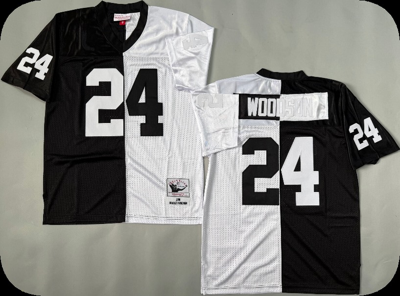 Men's Las Vegas Raiders #24 Charles Woodson Mitchell & Ness BlackWhite 1998 Split Legacy Replica Jersey