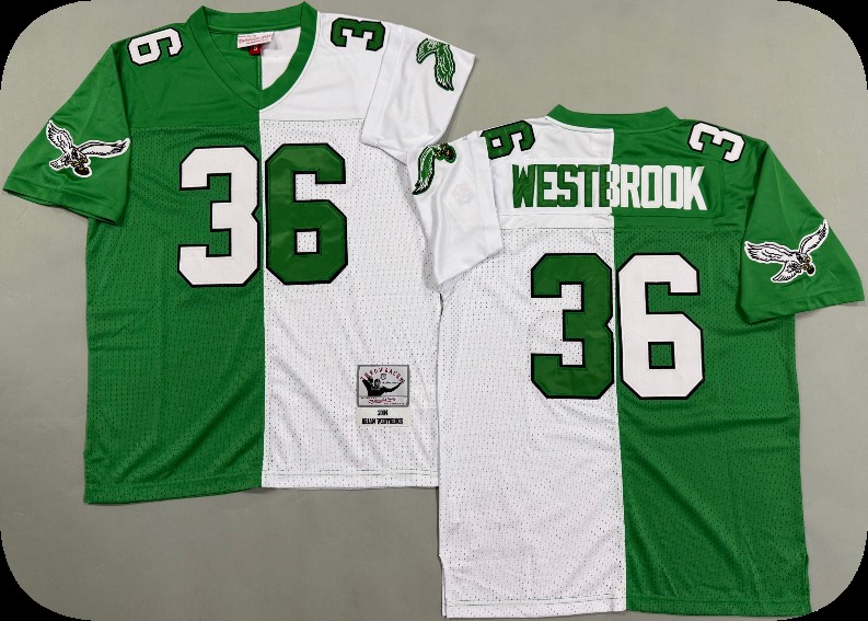 Men's Philadelphia Eagles #36 Brian Westbrook 2004 Kelly Green White Split Two Tone Throwback Jersey