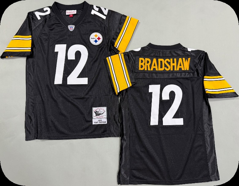Men's Pittsburgh Steelers #12 Terry Bradshaw 1982 Home Black Circular Number Throwback Jersey