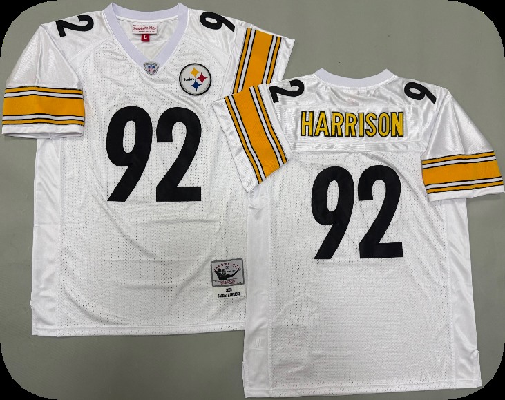 Men's Pittsburgh Steelers #92 James Harrison 2005 Road White Circular Number Throwback Jersey