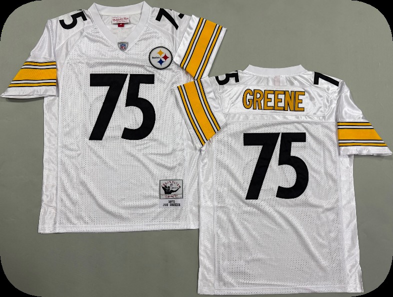 Men's Pittsburgh Steelers #75 Joe Greene 1975 Road White Circular Number Throwback Jersey