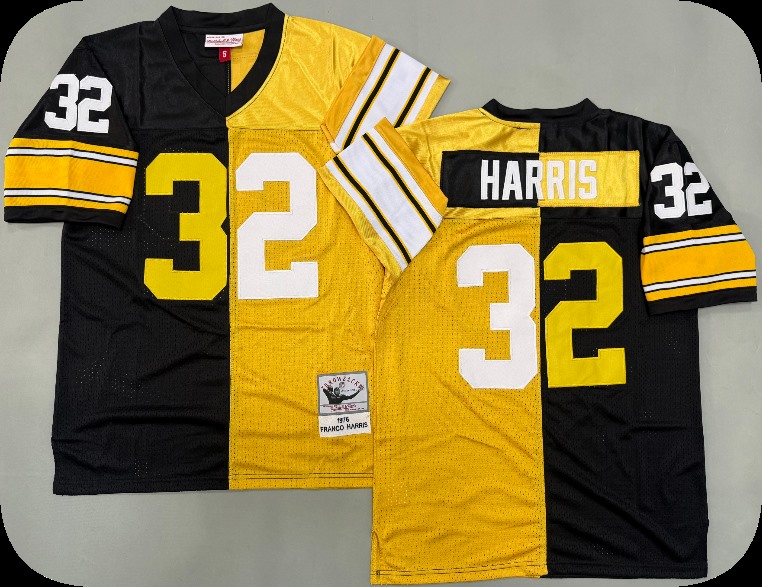 Men's Pittsburgh Steelers #32 Franco Harris Black Gold Split Two Tone Throwback Jersey