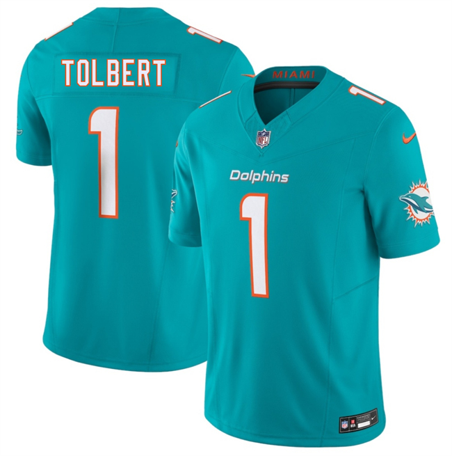 Men's Miami Dolphins #1 Jalen Tolbert Aqua 2026 F.U.S.E. Vapor Limited Stitched Football Jersey