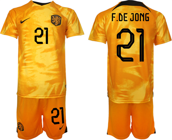 Men's Netherlands #21 F. De Jong Orange Home Soccer Jersey  Suit