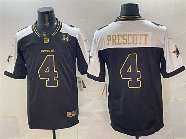Men's Dallas Cowboys #4 Dak Prescott Black Gold 2025 F.U.S.E. 94 Marshawn Kneeland Memorial Patch Vapor Limited Stitched Football   Jersey