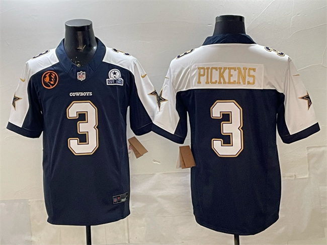 Men's Dallas Cowboys #3 George Pickens Navy F.U.S.E. With John Madden Patch & Established In 1960 Patch Thanksgiving Vapor Limited Stitched Football Jersey